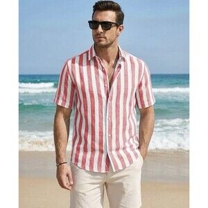 2 XL JMIERR Men's Casual Red White Stylish Short Sleeve Button-Up Striped Shirt